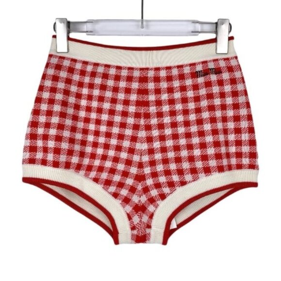 Miu Miu Red & White Checkered Cotton Knit High-Waisted Shorts Size 40 M Made In - Picture 1 of 8